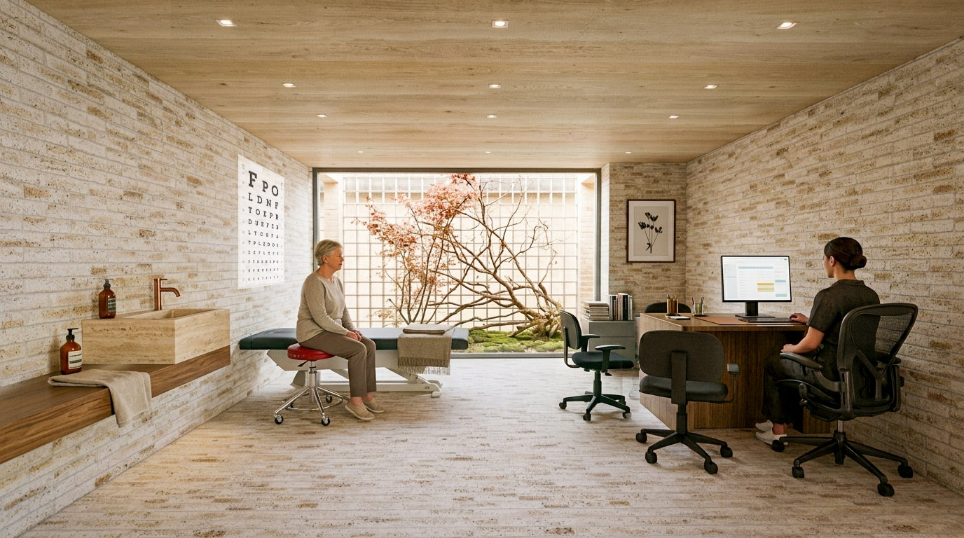 Render of a GP consultation room with travertine walls, a courtyard window framing a Japanese maple, and warm timber finishes