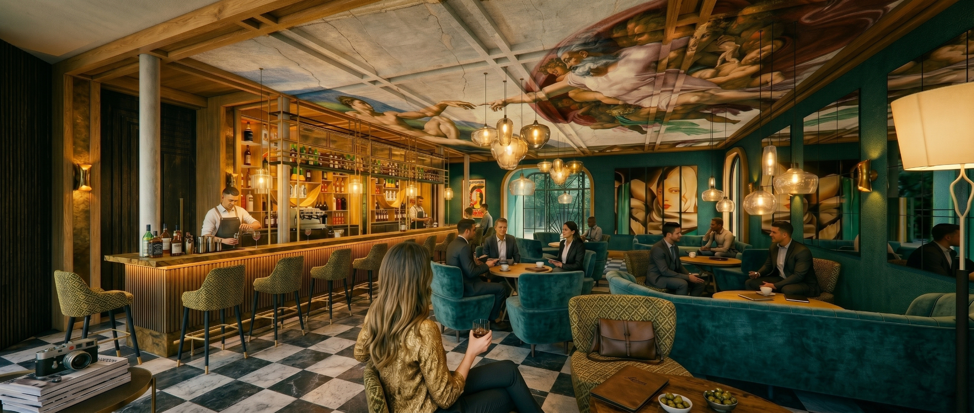 Render of the cinema bar with warm lighting, timber finishes and casual seating