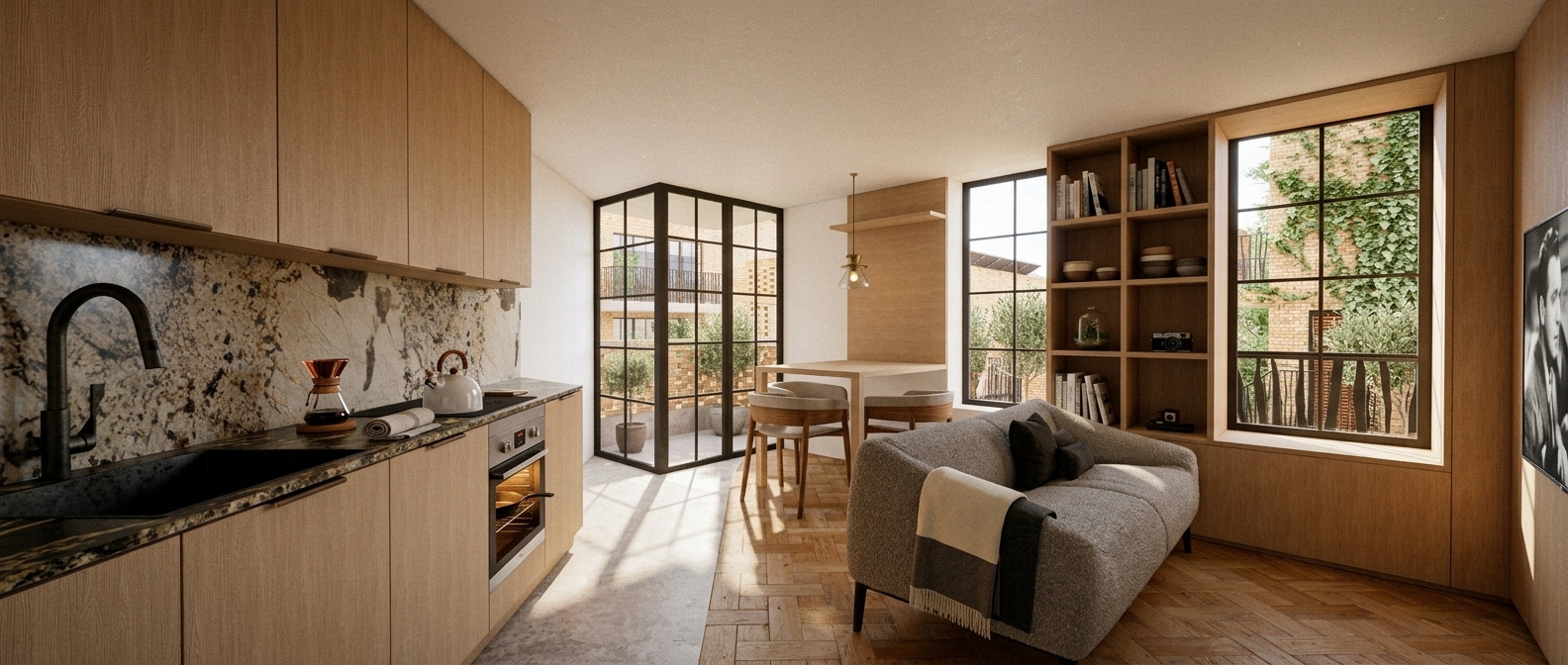 Render of a compact courtyard-house kitchen and dining area with marble splashback, oak joinery and an ivy-covered window