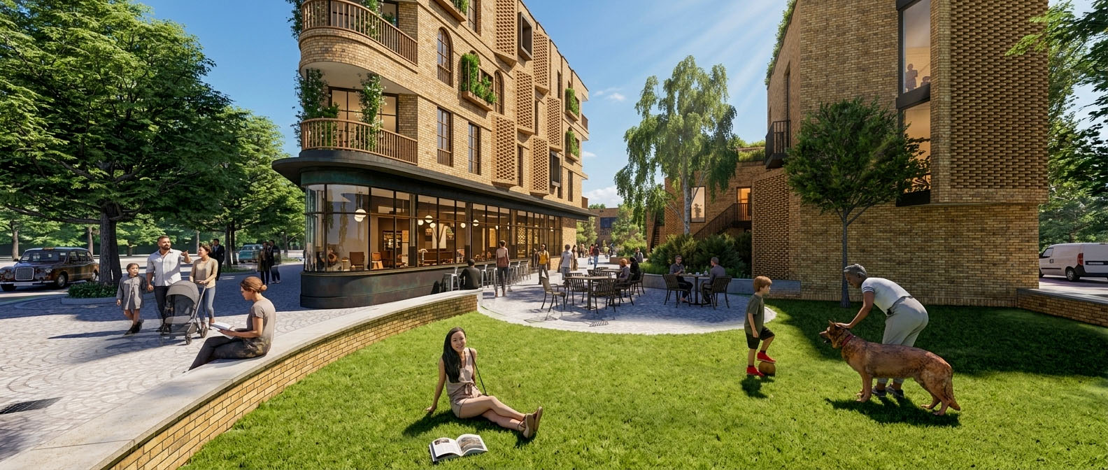 Render of the public lawn beside The Beat Cafe with families, a dog and the curved brick frontage of the residential block