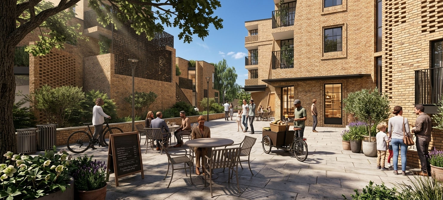 Render of the interstitial pedestrian street at The Precinct with café tables, cargo bike, planted edges and warm brick housing