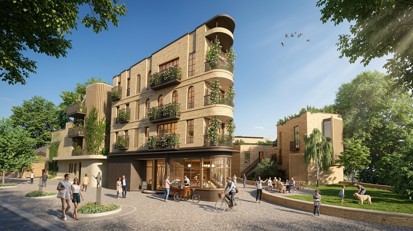 Render of The Precinct on Park Road showing the proposed homes, café frontage and landscaped public space